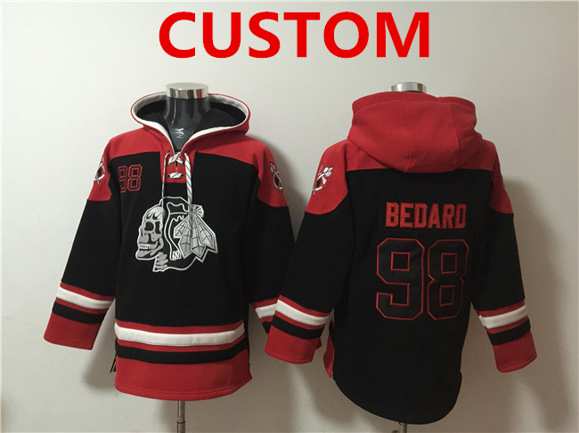 Mens Chicago Blackhawks Custom Black Lace-Up Pullover Hoodie->->Custom Jersey